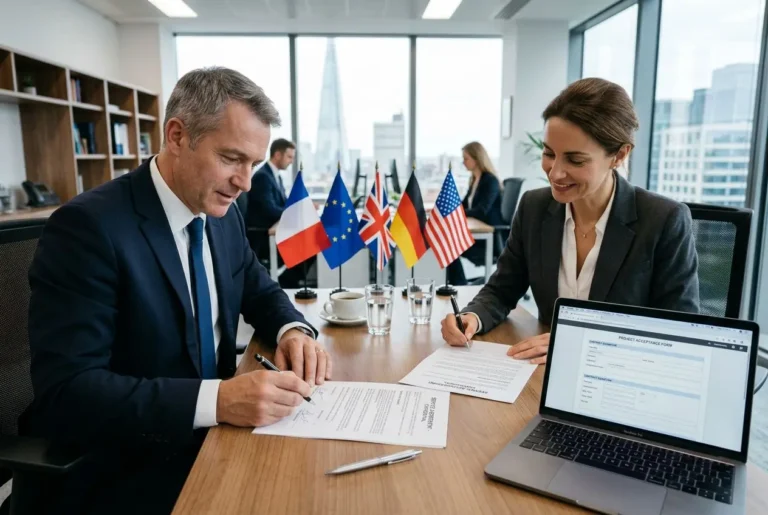 Deux professionnels en costume signent des documents lors d’une réunion d’affaires, avec des drapeaux européens et américains en arrière-plan. alt: salarié étranger detté en France.