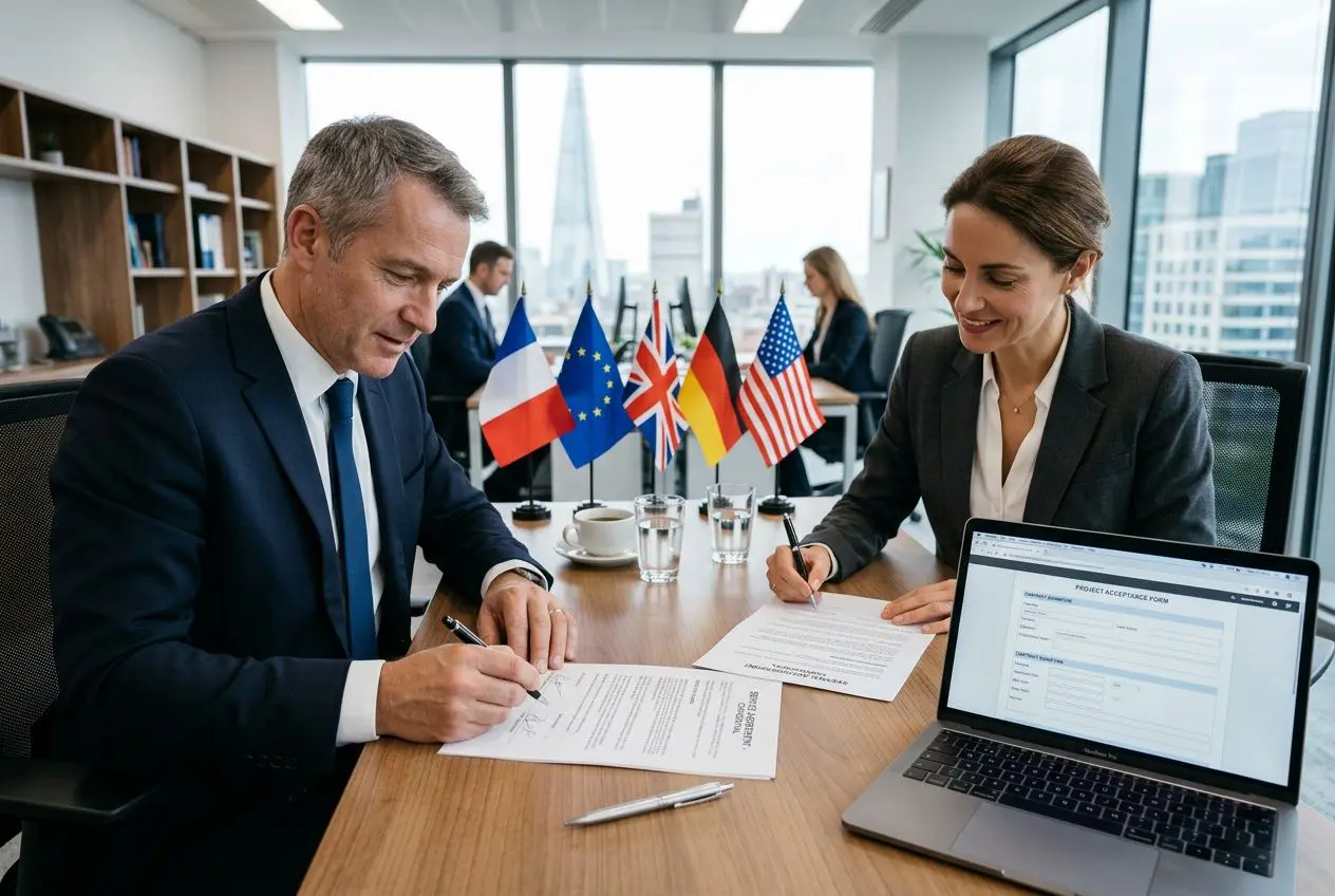 Deux professionnels en costume signent des documents lors d’une réunion d’affaires, avec des drapeaux européens et américains en arrière-plan. alt: salarié étranger detté en France.