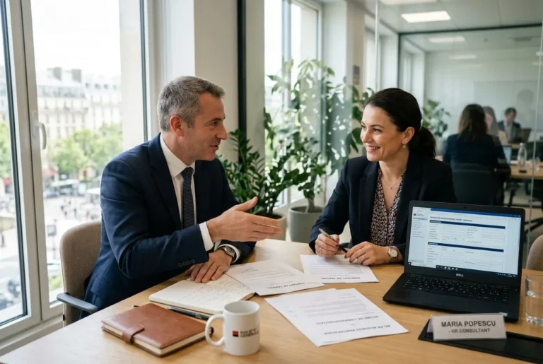 Deux professionnels discutent lors d’une réunion de bureau, documents et ordinateur portable sur la table, ambiance collaborative. entreprise roumaine travaillant en france