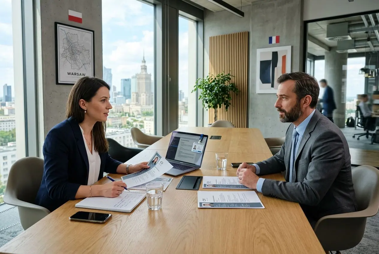 Deux professionnels en réunion dans un bureau lumineux, échange de documents et échanges sérieux. Intégration naturelle: agence de recrutement pologne.