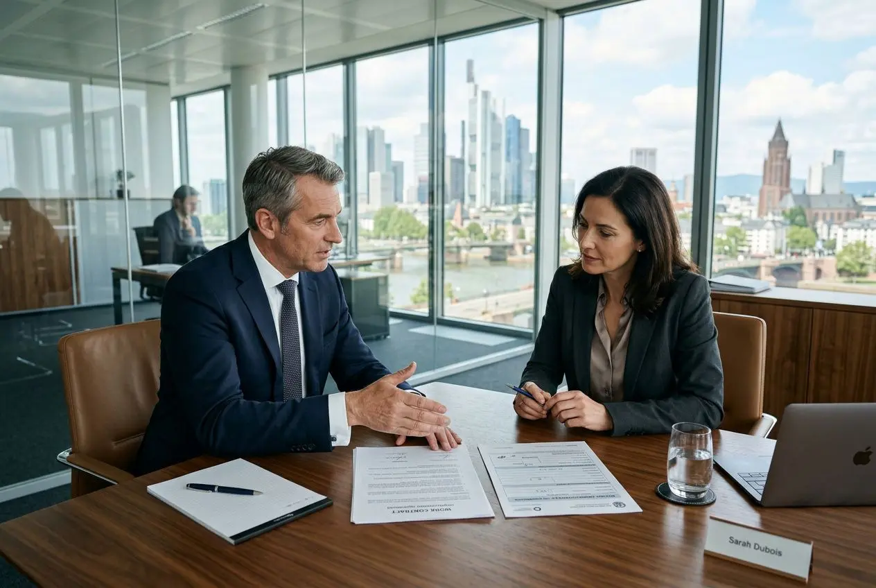 Deux professionnels s’entretiennent autour d’une table en salle de réunion, documents et crayon à la main, discussion sur le contrat de travail en détachement.
