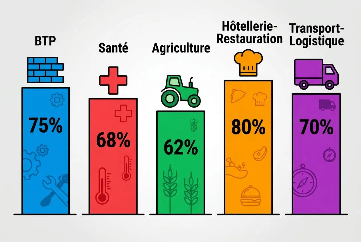 Diagramme montrant les secteurs en pénurie: BTP 75%, Santé 68%, Agriculture 62%, Hôtellerie-Restauration 80%, Transport-Logistique 70%, évoquant la pénurie de main-d'œuvre en france.