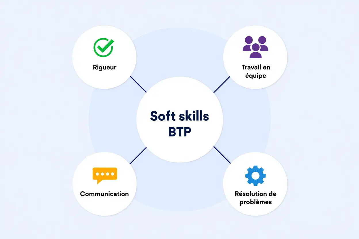 Diagramme montrant les « Soft skills BTP »: rigeur, travail en équipe, communication et résolution de problèmes. Intègre les compétences bâtiment cv avec un focus BTP.