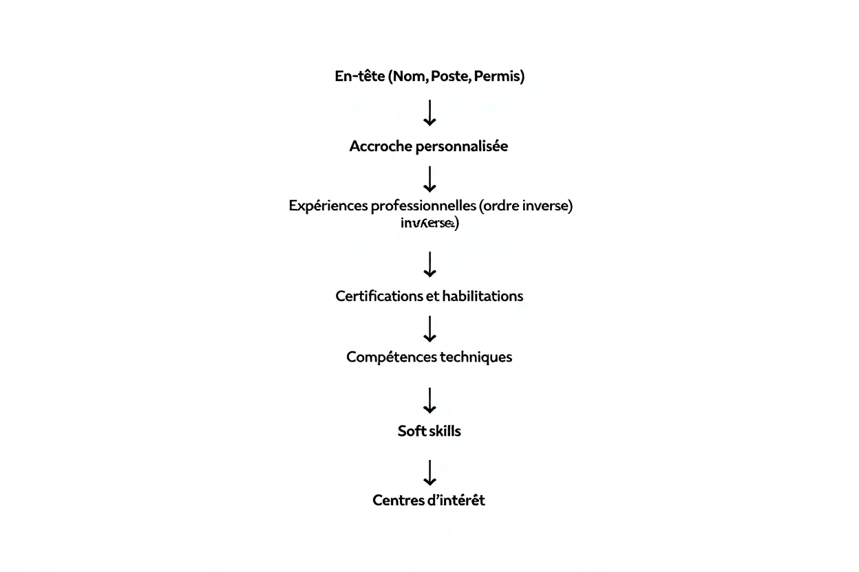 Diagramme vertical montrant le parcours du CV bâtiment : en-tête, accroche personnalisée, expériences professionnelles inversées, certifications et habilitations, compétences techniques, soft skills et centres d’intérêt. Inclure le terme compétences bâtiment cv.