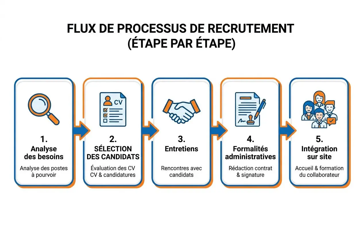 Flux de processus de recrutement étape par étape, avec analyse, sélection, entretiens, formalités et intégration sur site. intégrant l’expression agence de recrutement pologne.