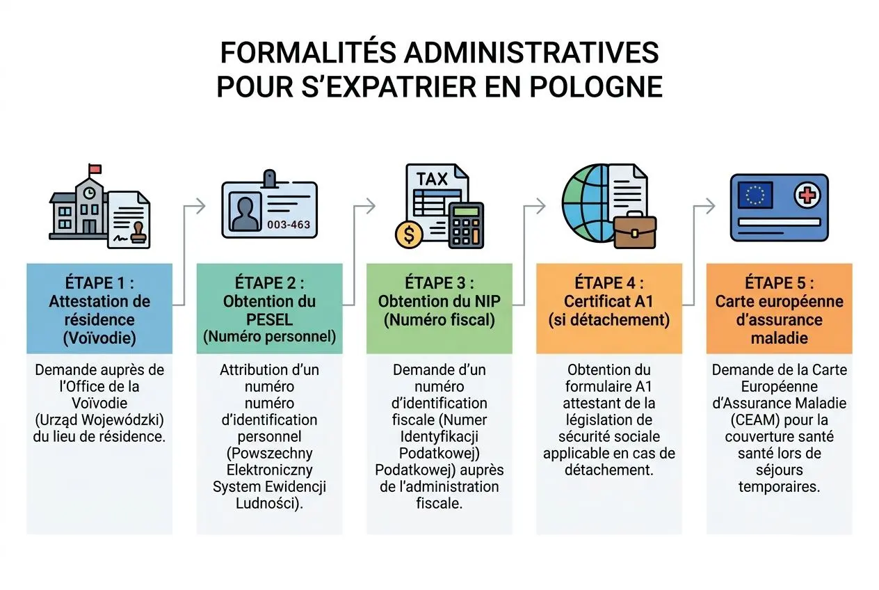 Formalités administratives pour s’expatrier en Pologne: étapes d’attestation de résidence, identité, NIP, A1 et carte européenne d’assurance maladie. vivre en pologne avantages et inconvénients présentés brièvement.