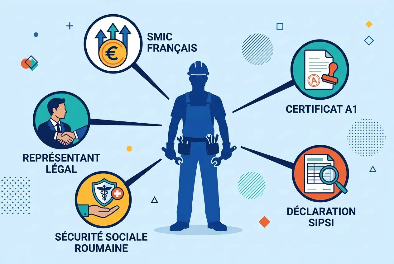 Illustration d’un ouvrier stylisé entouré de cinq icônes liées à l’intérim : SMIC français, représentant légal, sécurité sociale roumaine, certificat A1 et déclaration SIPSI, sur fond bleu. intégration du mot-clé agence interim travailleurs roumains.