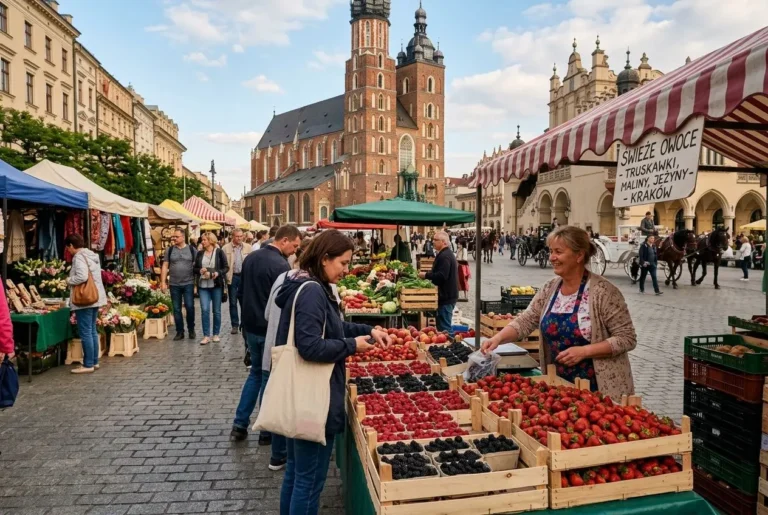 Marché en plein air près d'anciens bâtiments gothiques, stands colorés de fruits et légumes et clientèle discutant sous un ciel clair. Intègre le sujet du vivre en Pologne avantages et inconvénients.