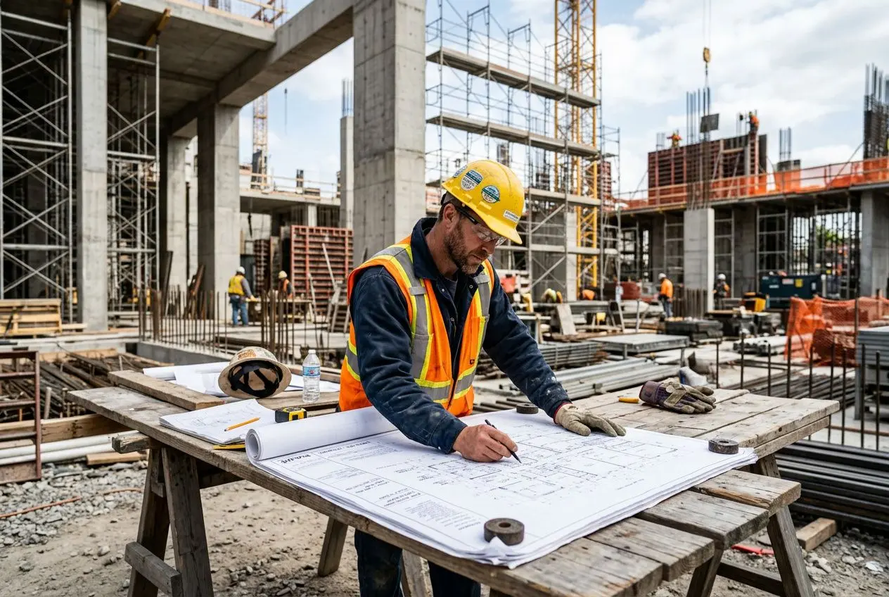 Ouvrier du bâtiment en casque jaune et veste haute visibilité, dessinant des plans sur une table à l’extérieur d’un chantier BTP.