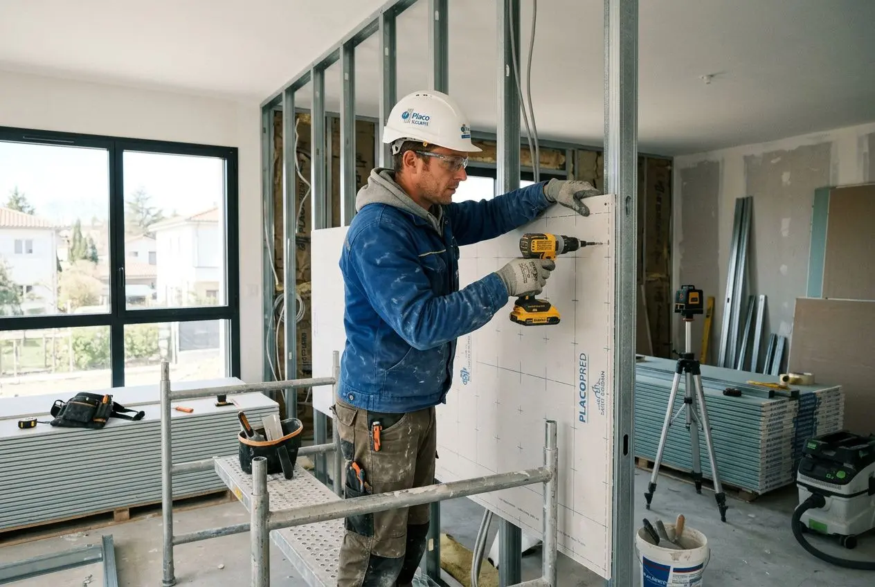 Plaquiste détaché en Europe montant une cloison avec perceuse dans un chantier, équipé d’un casque et d’un gilet, mitigeant le mur plâtré sur fond lumineux. plaquiste détaché europe coût intégré naturellement.