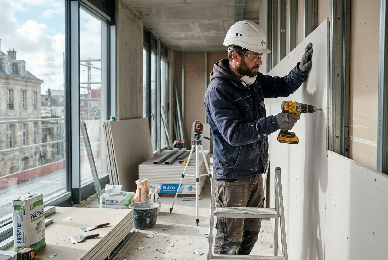 Plaquiste expérimenté en action, perçant et fixant une plaque sur un mur intérieur en chantier, équipé d’un casque et d’un outil sans fil.
