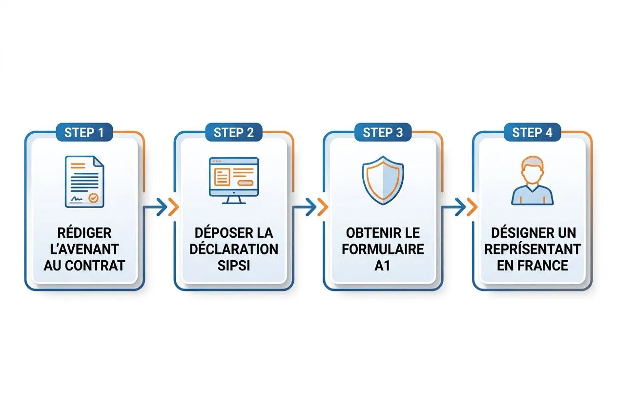 Processus en 4 étapes pour un contrat de travail en détachement: rédiger l’avenant, déposer la déclaration SIPS, obtenir le formulaire A1, désigner un représentant en France.