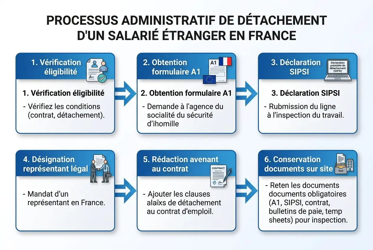 Processus administratif de détachement d'un salarié étranger en France (salarié étranger détaché en France) – illustration par étapes bleu clair et icônes.