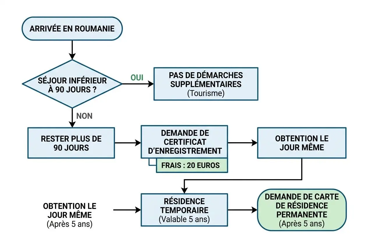 Processus d’arrivée en Roumanie menant à une résidence permanente après étapes: séjour touristique, certificat d’enregistrement et résidence temporaire, puis carte de résidence permanente. Intègre le sujet passer sa retraite en roumanie.