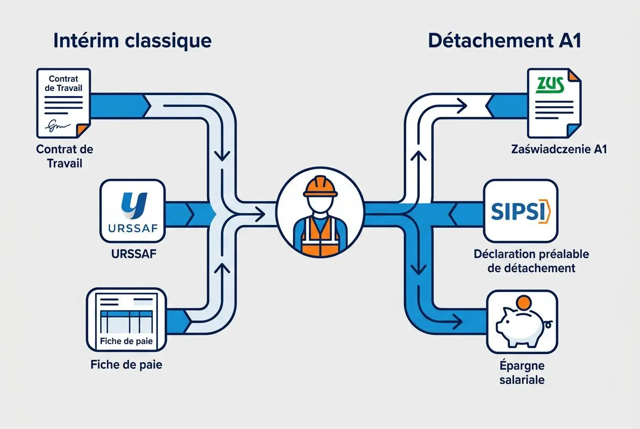 Processus illustrant une agence de recrutement pologne gérant intérim et détachement entre Pologne et Europe, avec documents et autorités.