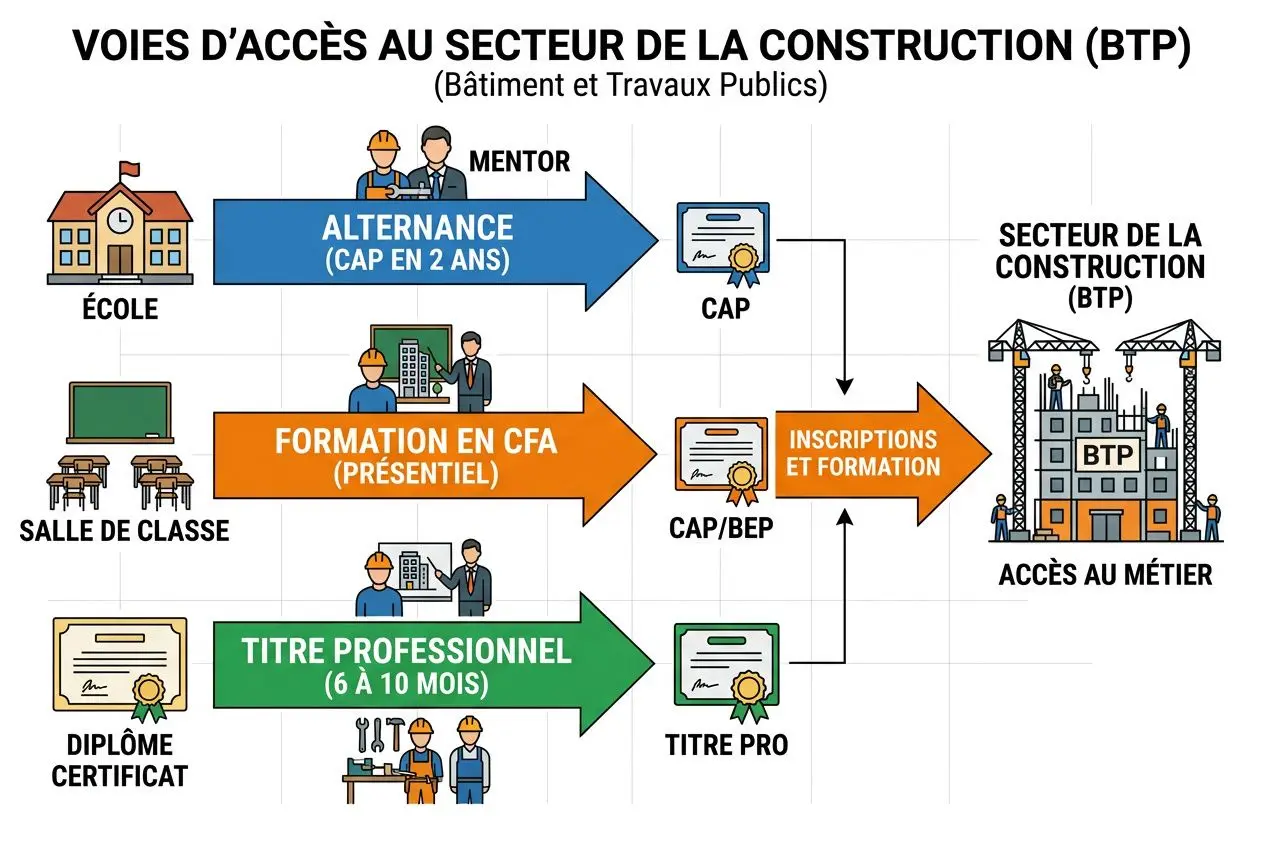 Schéma des voies d’accès au secteur de la construction (BTP) montrant les parcours alternance, formation et diplômes menant aux métiers du BTP et aux inscriptions/formation pour accéder au secteur.