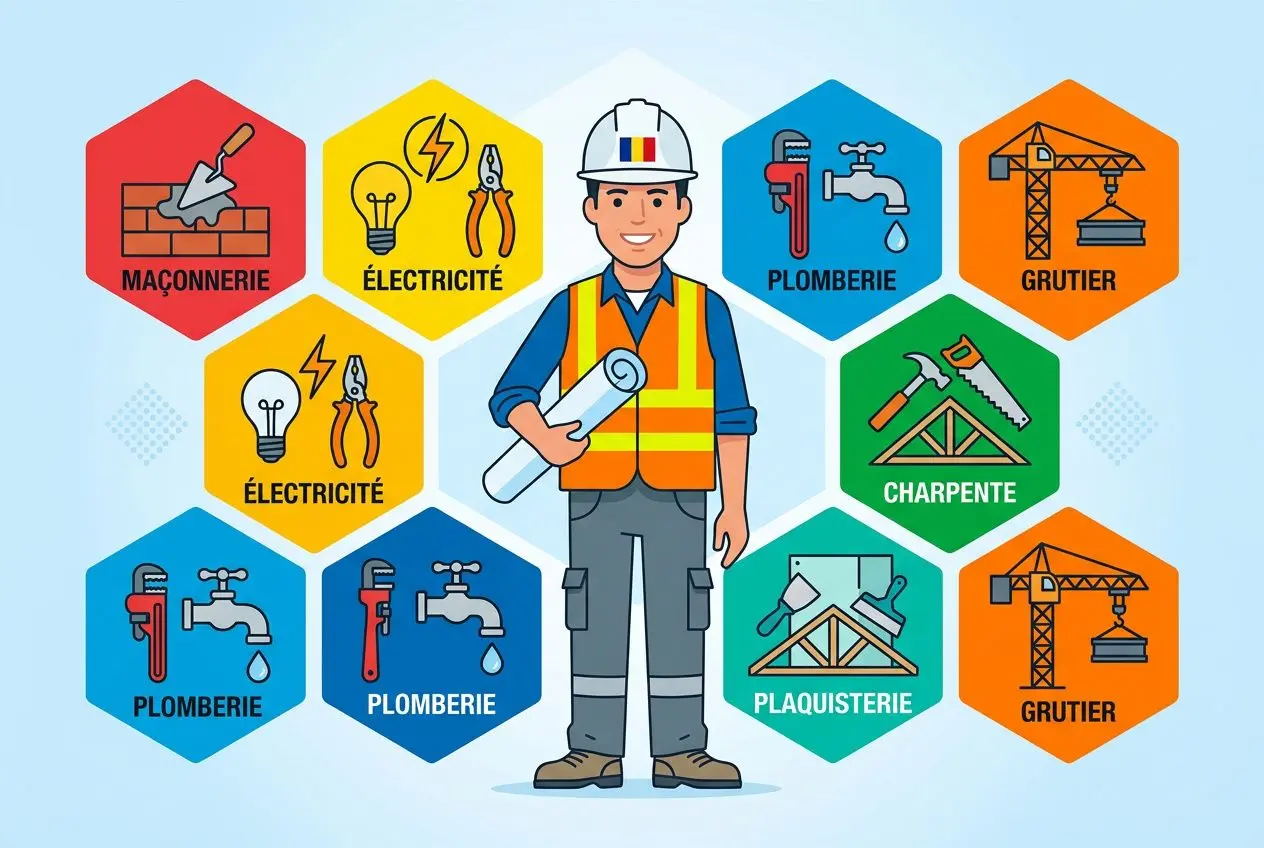 Travailleurs roumains secteur btp illustré par un ouvrier sur un chantier entouré d’icônes métiers (maçonnerie, électricité, plomberie, charpente, grutier, plaquisterie)