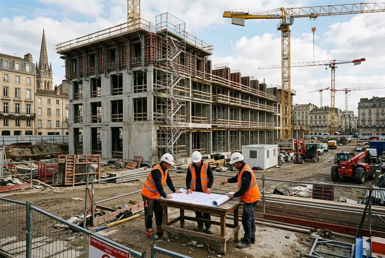 Trois ouvriers en gilets orange et casques travaillent sur un plan à une table sur un chantier de construction; bâtiment en béton en construction et grues à l’arrière. Intègre naturellement le mot-clé: la pénurie de main-d'œuvre en france.