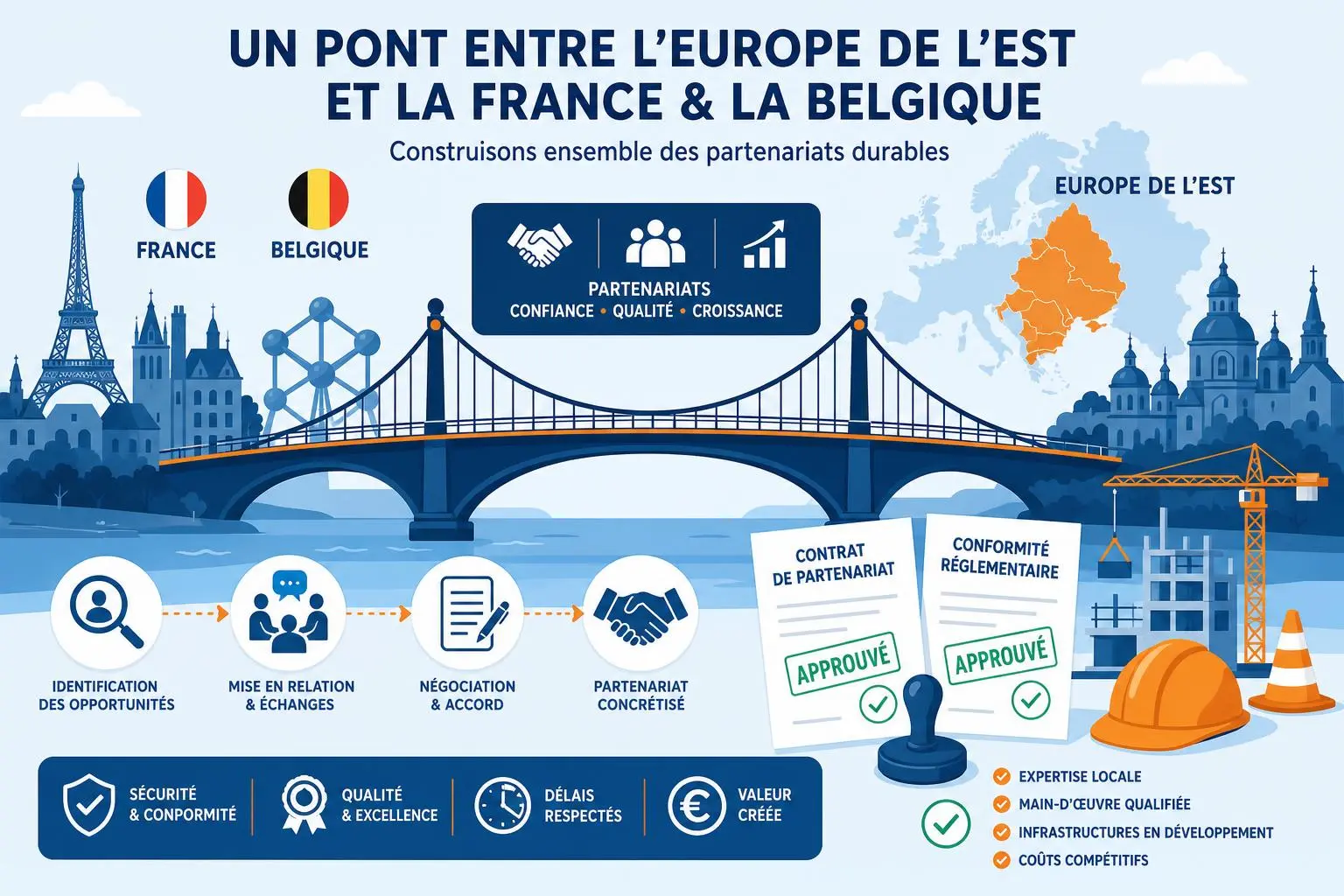 Agence intérim travailleur étranger : illustration d’un réseau européen entre la France et la Belgique avec pont et partenaires, étapes de recrutement et documents certifiés.
