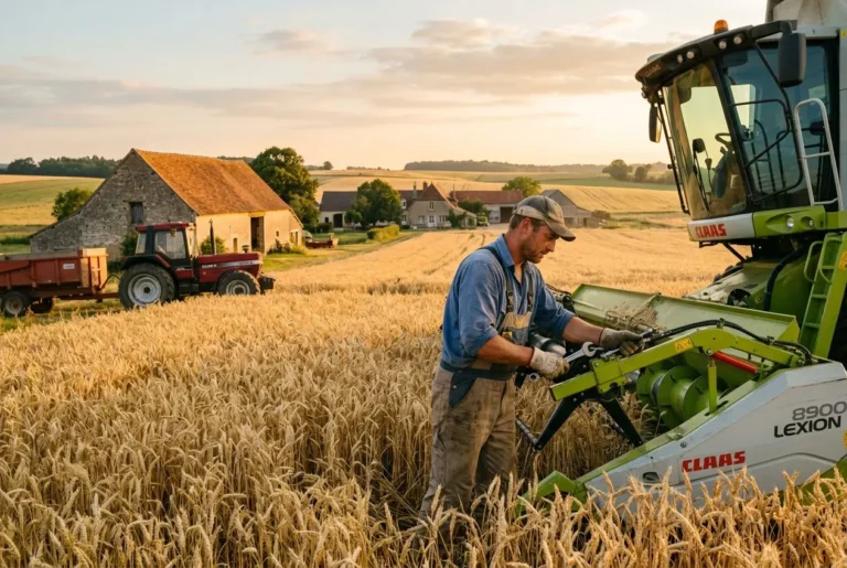 Agriculteur travaillant dans un champ de céréales avec une moissonneuse-batteuse et un tracteur, au paysage rural. agence intérim secteur agricole france