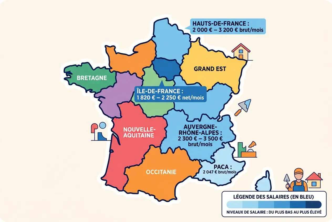 Carte de France des salaires approximatifs par région pour les plaquistes, avec légende du niveau de salaire et fourchettes nettes mensuelles.