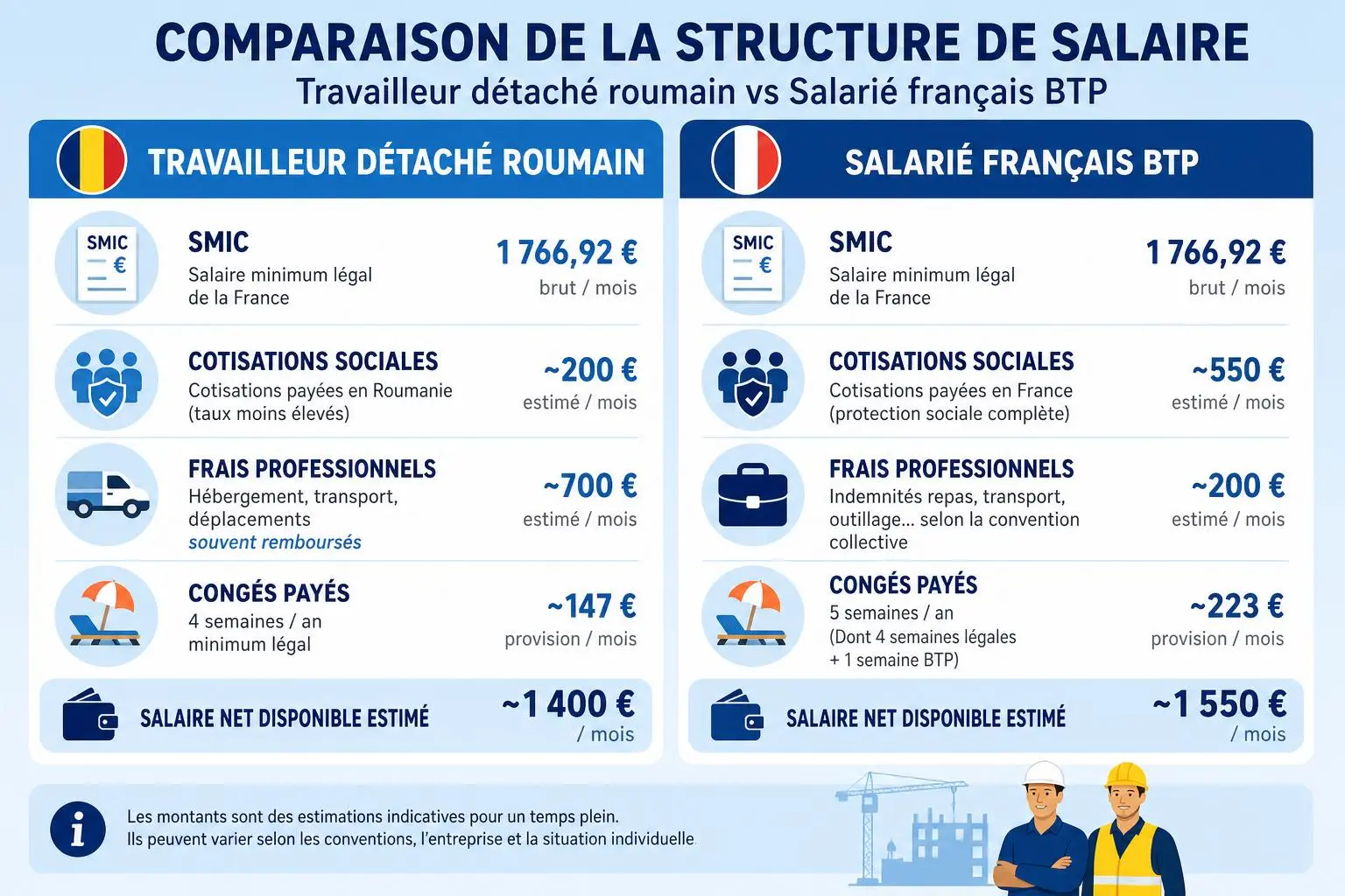 Comparaison de salaire: travailleur détaché roumain vs salarié français BTP, avec chiffres mensuels et fiches coûts (santé, frais, congés, salaire net). intérimaire roumain secteur btp?