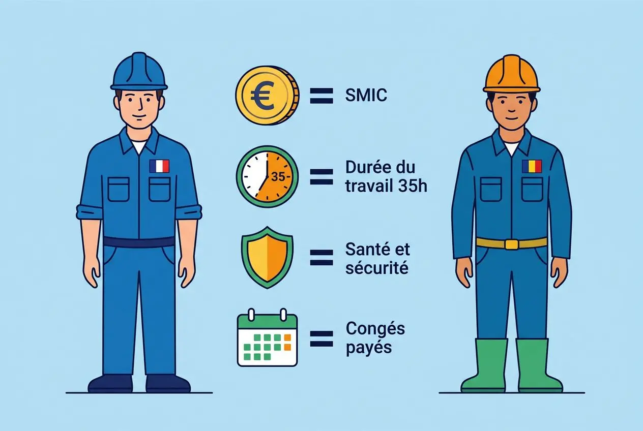 Conditions travail travailleur détaché légales: illustration de deux ouvriers, rémunération SMIC, durée 35h, sécurité et congés payés.