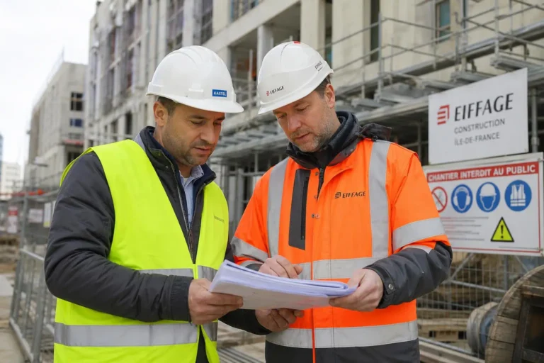 Deux ouvriers en gilet haute visibilité et casques blancs examinent des documents sur un chantier de construction.