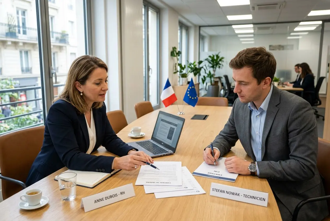Deux professionnels au bureau discutent autour de documents, avec des drapeaux France et Union européenne en arrière-plan. Alt texte intégrant le mot-clé: détachement travailleurs européens france.