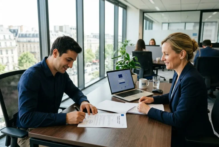 Deux professionnels au bureau signent des documents, près d’un ordinateur portable, dans un espace lumineux. intégrant les conditions travail travailleur détaché légales.