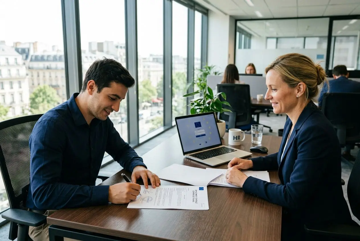 Deux professionnels au bureau signent des documents, près d’un ordinateur portable, dans un espace lumineux. intégrant les conditions travail travailleur détaché légales.