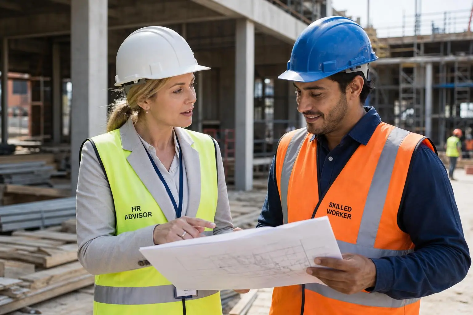 Deux professionnels sur un chantier discutent autour d’un plan; vestes de sécurité fluorescentes et casques, l’un supervise comme HR Advisor, l’autre en maçonnerie. agence intérim travailleur étranger est évoquée.