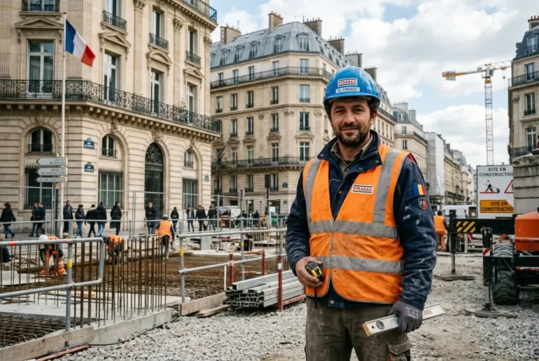 Développeur sur un chantier parisien: ouvrier en gilet orange et casque bleu, outils à la main, rues historiques. embaucher légalement une personne roumaine en france intégré.