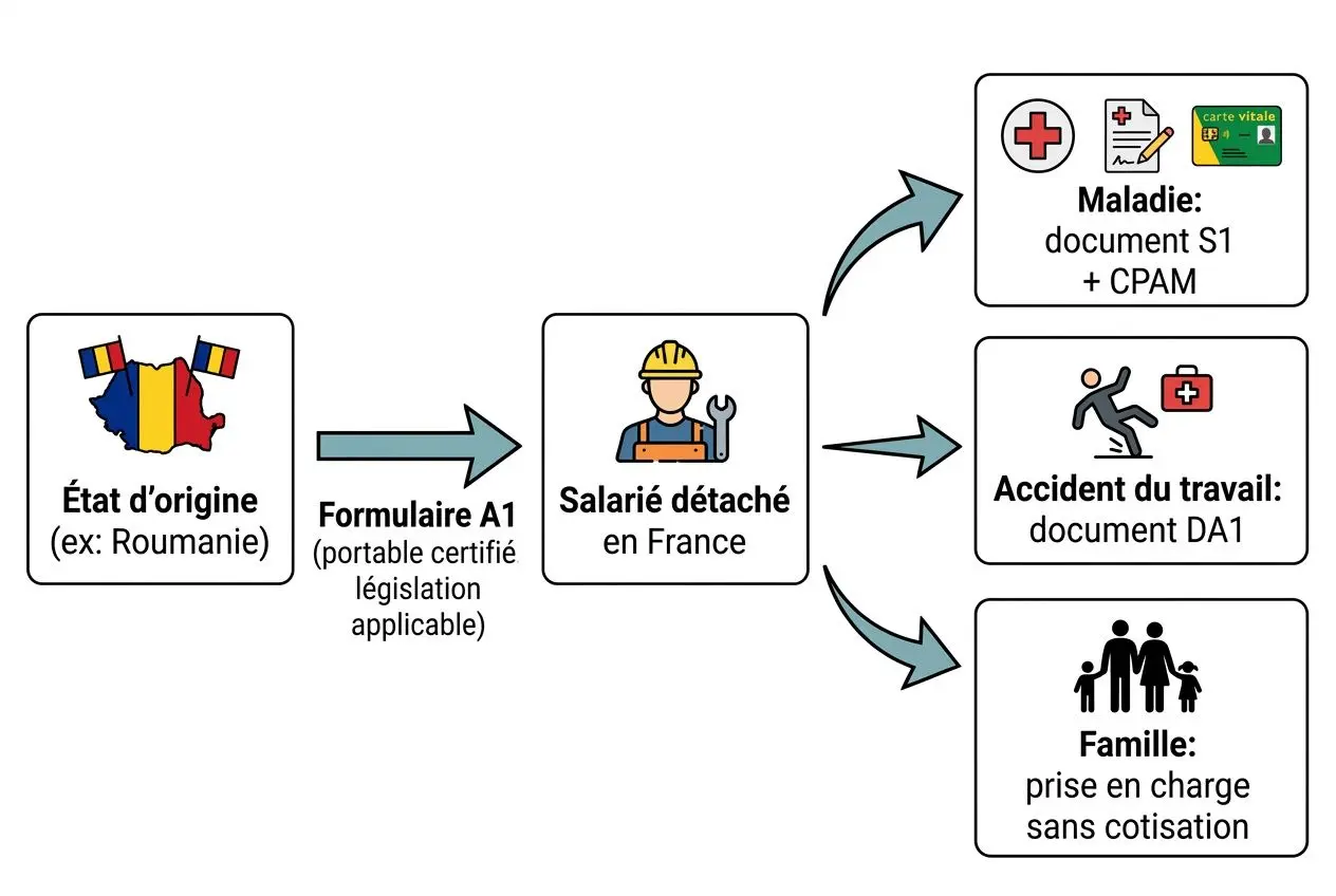 Diagramme de détachement: État d'origine (Roumanie) → Formulaire A1 → Salarié détaché en France → Maladie et CPAM, Accident du travail, et Famille prise en charge sans cotisation. intégration des conditions travail travailleur détaché légales.