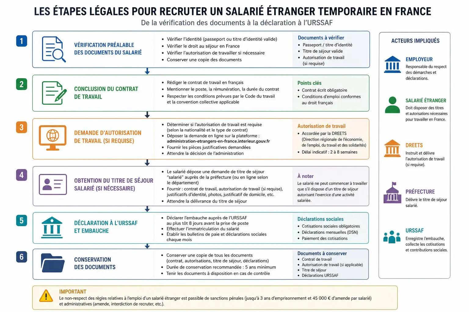Les étapes légales pour recruter un salarié étranger temporaire en France, affichées avec icônes numérotées et acteurs impliqués (employeur, salarié étranger, préfecture, URSSAF).