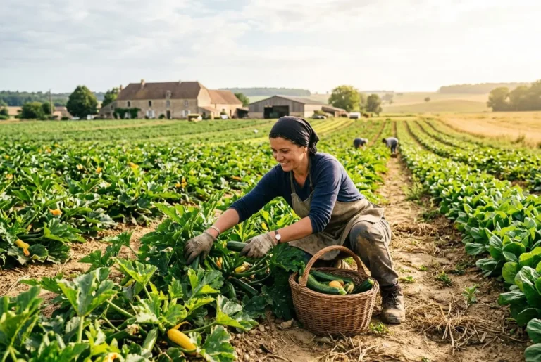 Femme agricultrice récoltant des légumes dans un champ, panier en osier à ses côtés, travail dans les rangs. Recrutement main d'œuvre agricole roumaine intégré.