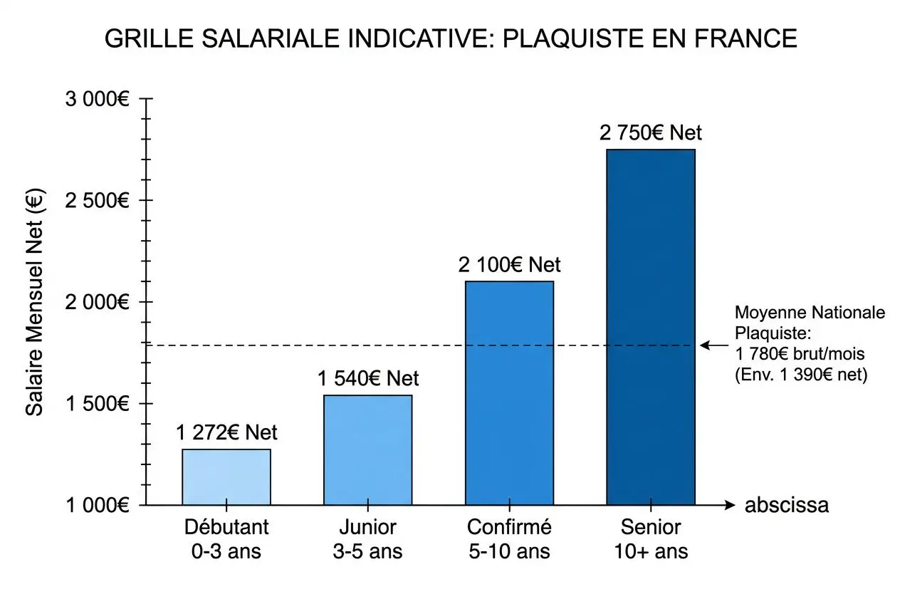 Grille salariale indicative: plaquiste en France avec barres montrant débutant 0-3 ans à 1 272€ Net, junior 3-5 ans 1 540€ et confirmé 5-10 ans 2 100€, senior 10+ ans 2 750€ Net; ratio salaire moyen national. Inclut fiche métier plaquiste.