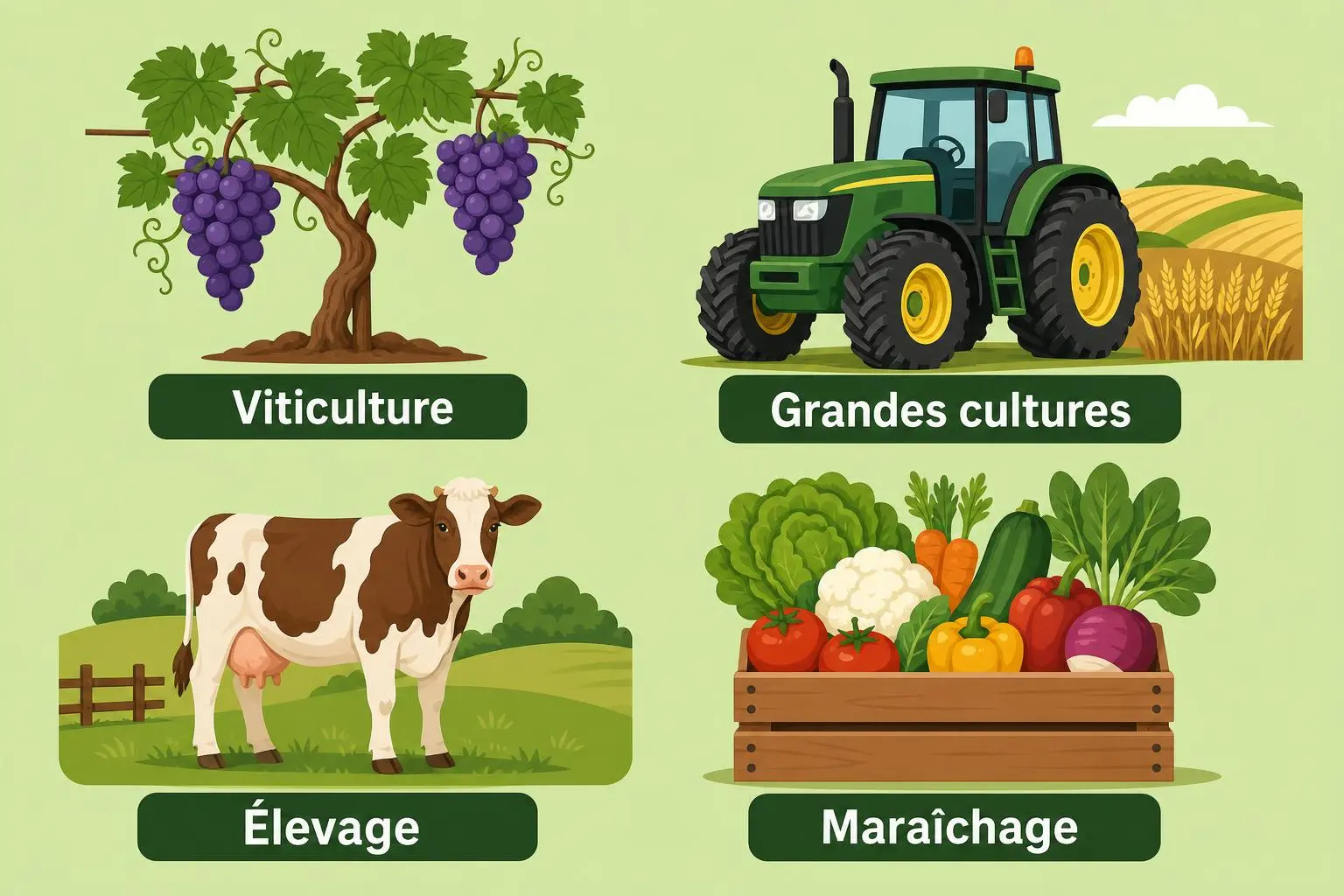 Illustration montrant des activités agricoles : viticulture avec raisin, grandes cultures avec tracteur, élevage de vache, maraîchage avec panier de légumes. Qualification ouvrier agricole à prévoir.