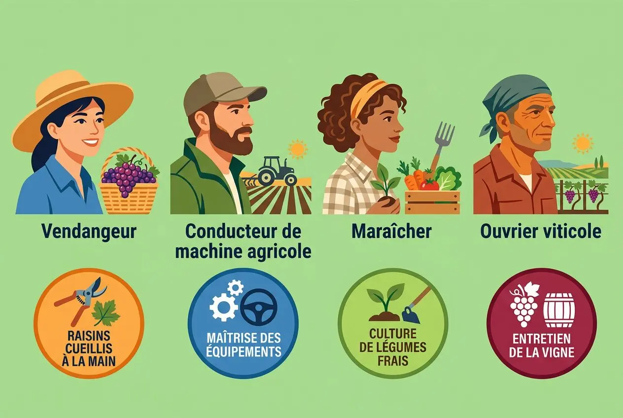 Illustration montrant des travailleurs agricoles: vendangeur, conducteur de machine agricole, maraîcher et ouvrier viticole, avec icônes thématiques. Recrutement main d'œuvre agricole roumaine.