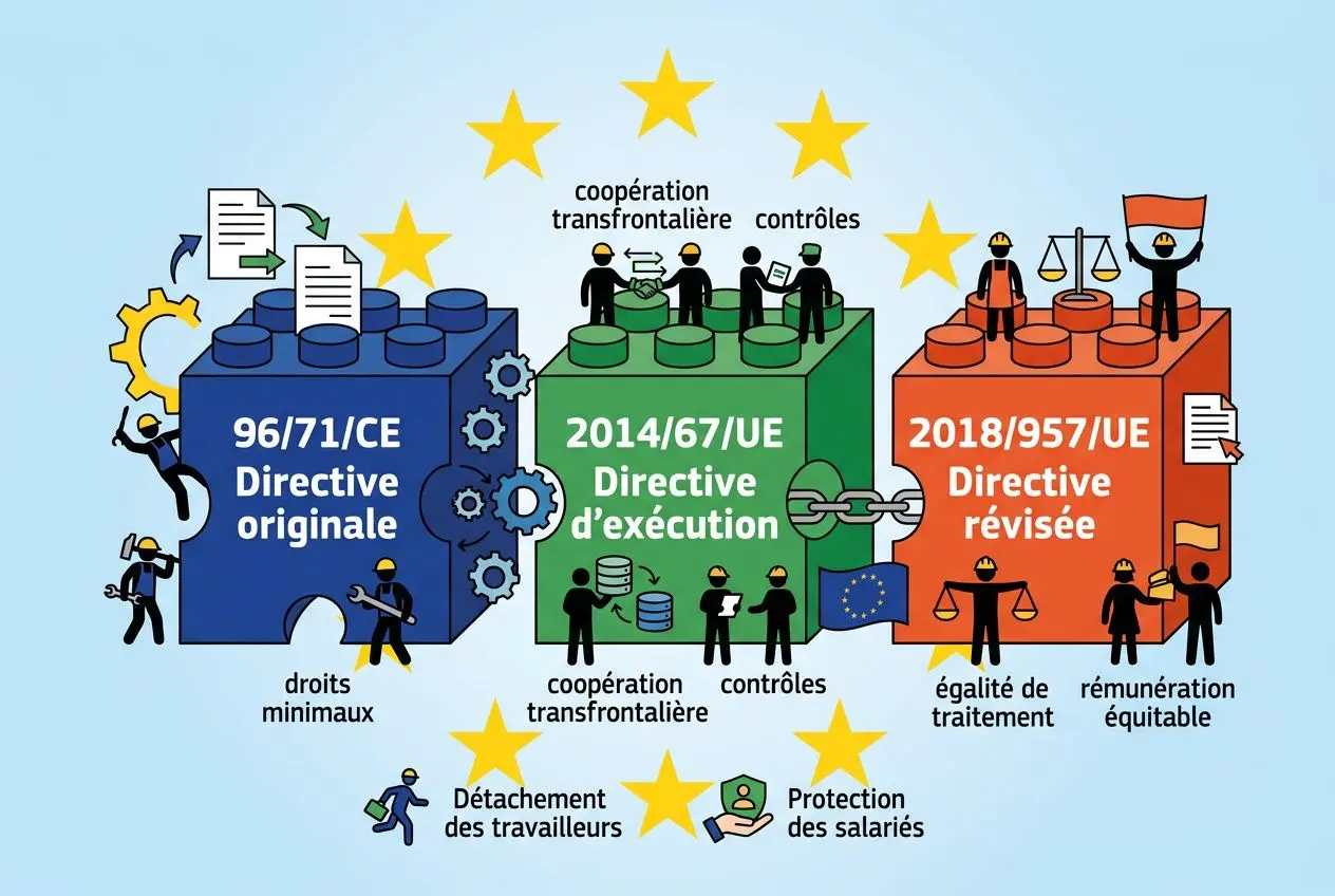Illustration pédagogique sur les cadres juridiques du travailleur détaché def, montrant les directives 96/71/CE, 2014/67/UE et 2018/957/UE, avec travailleurs, documents et symboles européens.