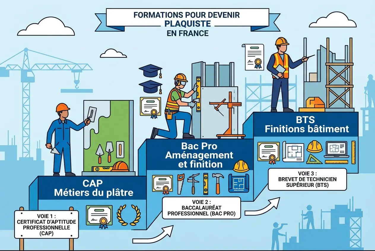 Illustration pédagogique montrant les formations pour devenir plaquiste en France, avec étapes de CAP Métiers du plâtre, Bac Pro Aménagement et finition, BTS Finitions bâtiment et voies professionnelles associées.