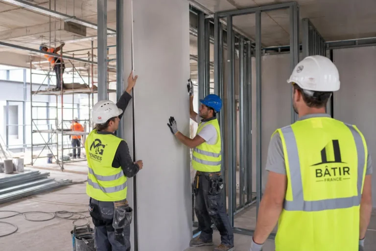 Intérimaire roumain secteur BTP travaillant sur un chantier, pose de cloison en plaque de plâtre avec aides et ouvriers en sécurité.