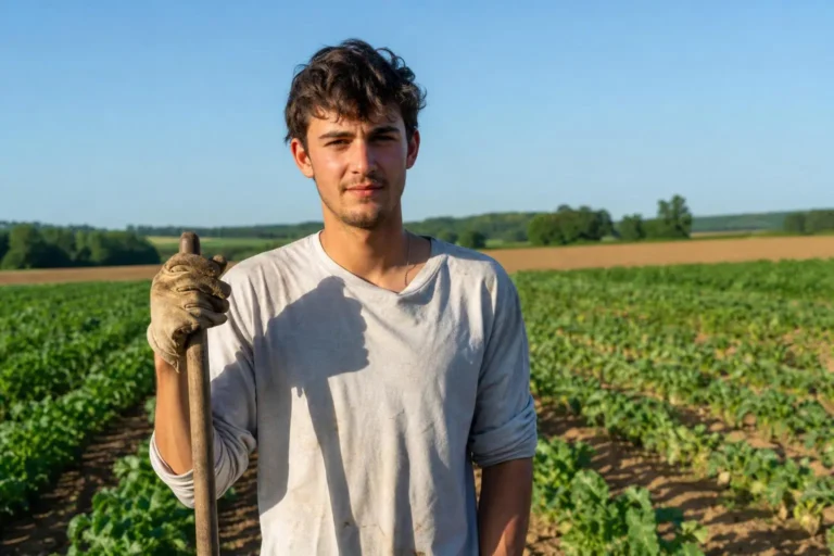 Jeune ouvrier agricole dans un champ, gant porté, tient une outil rural sous un ciel clair. qualification ouvrier agricole.