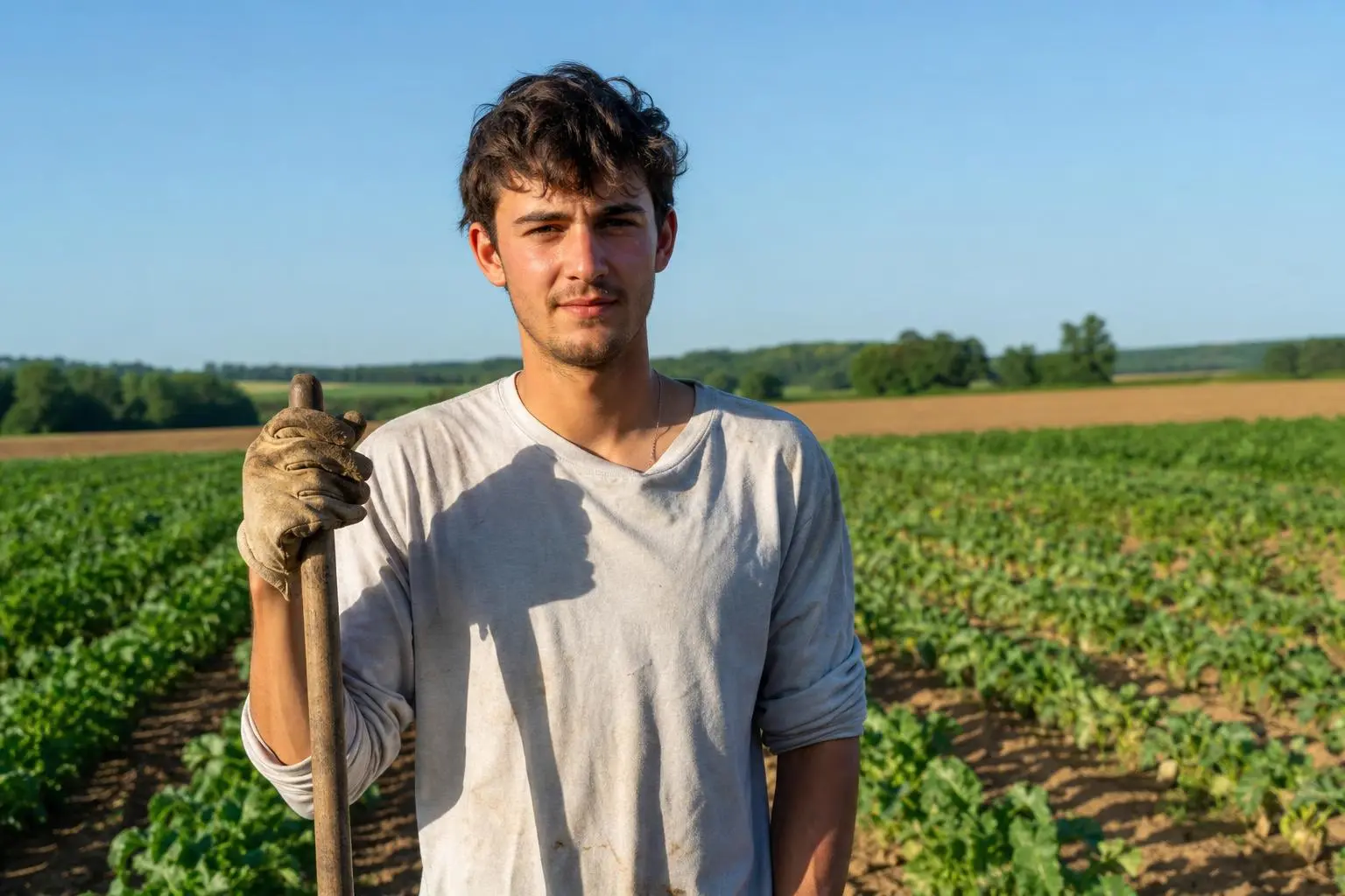 Jeune ouvrier agricole dans un champ, gant porté, tient une outil rural sous un ciel clair. qualification ouvrier agricole.