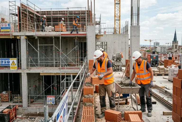 Main d'œuvre roumaine qualifiée sur un chantier de construction, ouvriers en sécurité et pose de briques sur l’esplanade.
