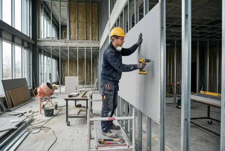 Plaquiste en chantier, fixant une plaque de plâtre sur une cloison métallique avec une perceuse, intérieur de bâtiment en construction. plaquiste salaire net intégré naturellement.