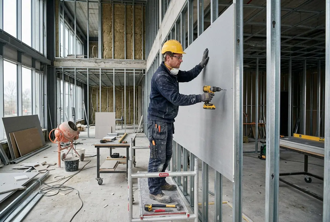 Plaquiste en chantier, fixant une plaque de plâtre sur une cloison métallique avec une perceuse, intérieur de bâtiment en construction. plaquiste salaire net intégré naturellement.
