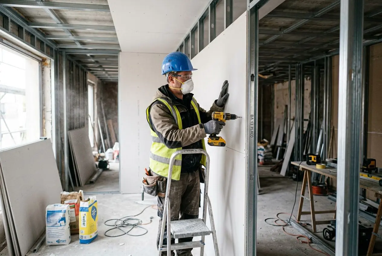 Plaquiste en chantier, utilisant une perceuse/visseuse sur une cloison blanche, casque bleu et gants, équipé d’un gilet jaune réfléchissant, debout sur une échelle.