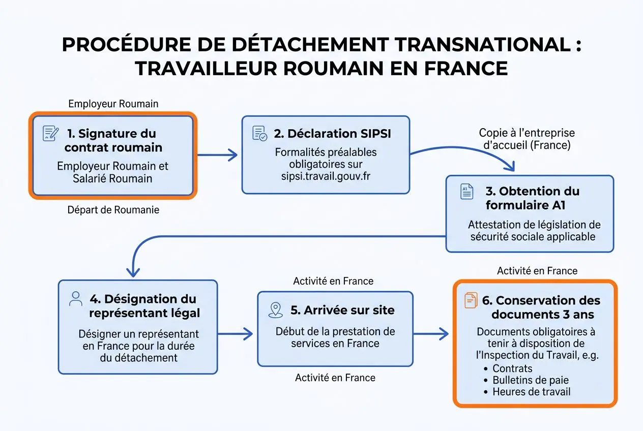 Procédure de détachement transnational : travailleur roumain en France et étapes clés pour embaucher légalement une personne roumaine en france.