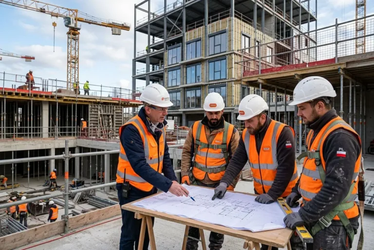 Quatre travailleurs du bâtiment en gilets orange et casques sur un chantier, examinant un plan sur une table.